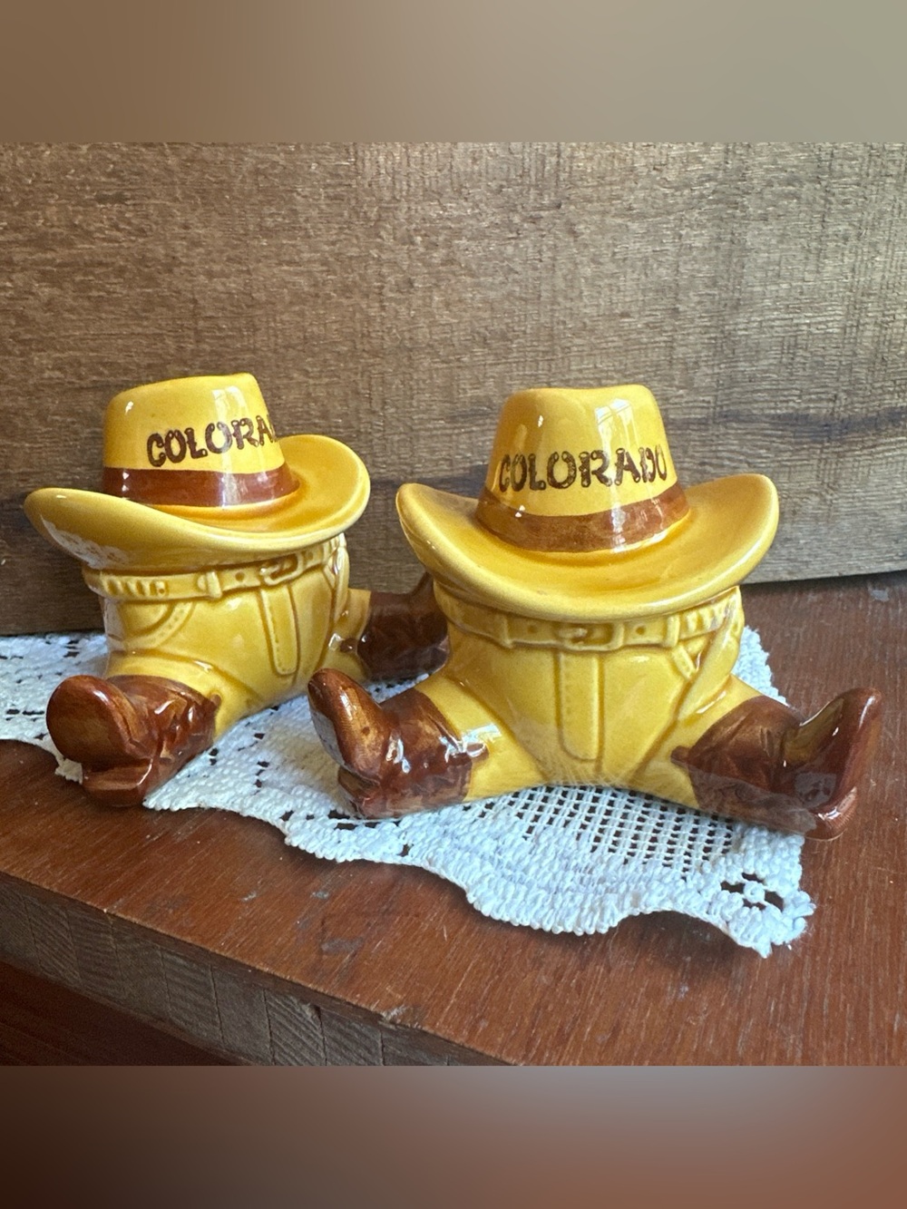 VTG 50s-60s "Colorado" Cowboy Legs w/ Hat Salt & Pepper Shakers Made in Japan